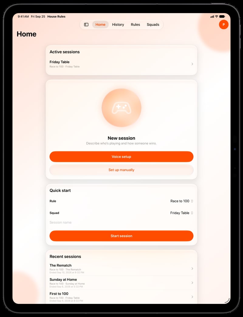 House Rules on iPad Pro 13-inch showing Home for the Friday Table session, in the Orange tint, light appearance.