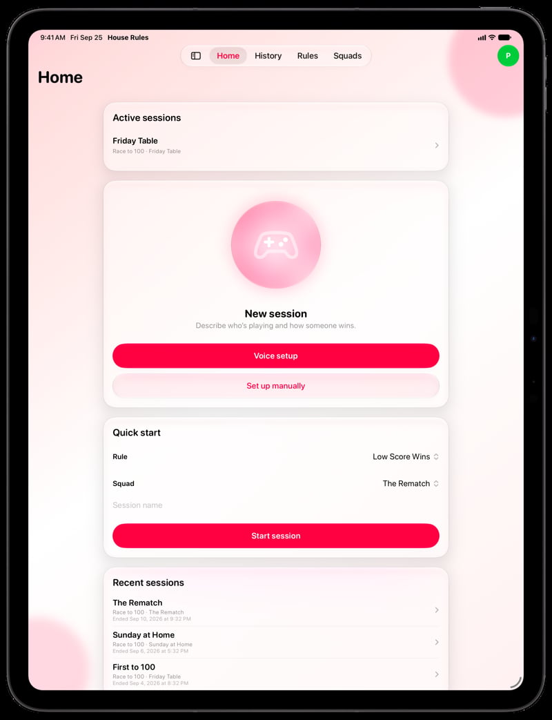 House Rules on iPad Pro 13-inch showing Home for the Friday Table session, in the Pink tint, light appearance.
