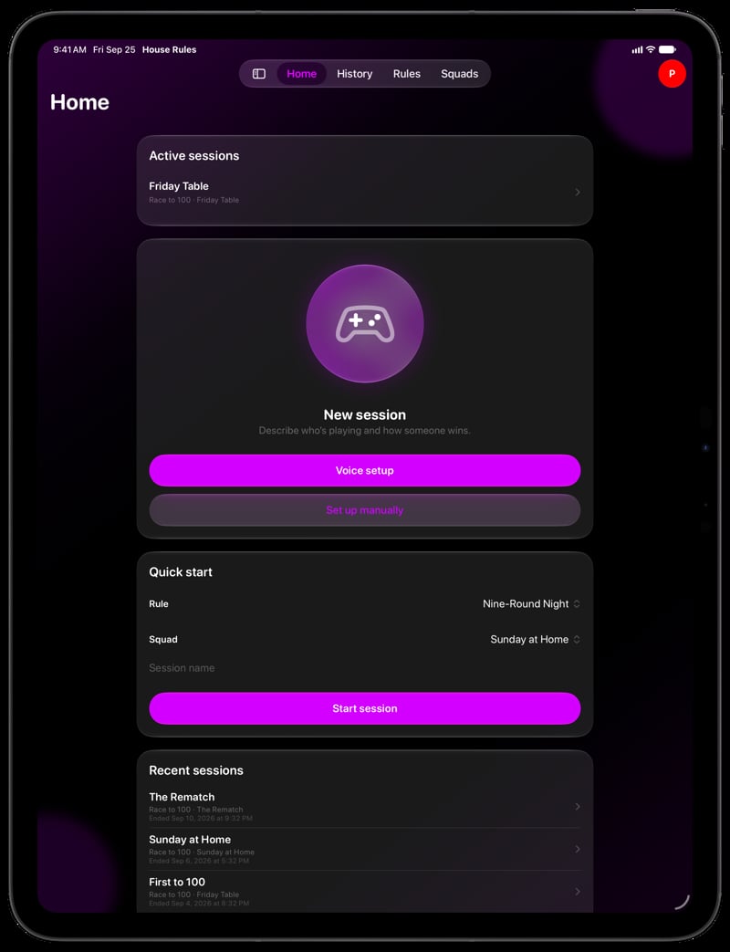 House Rules on iPad Pro 13-inch showing Home for the Friday Table session, in the Purple tint, dark appearance.