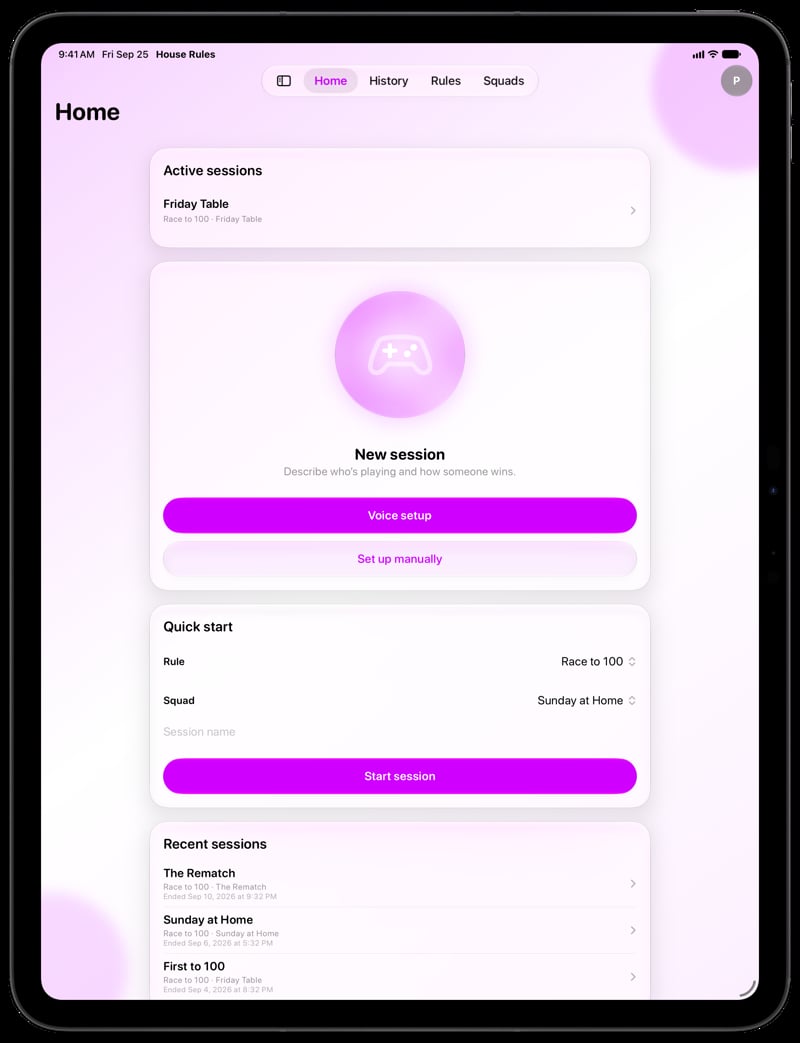 House Rules on iPad Pro 13-inch showing Home for the Friday Table session, in the Purple tint, light appearance.