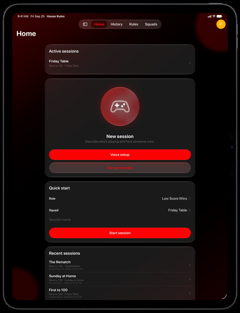 House Rules on iPad Pro 13-inch showing Home for the Friday Table session, in the Red tint, dark appearance.
