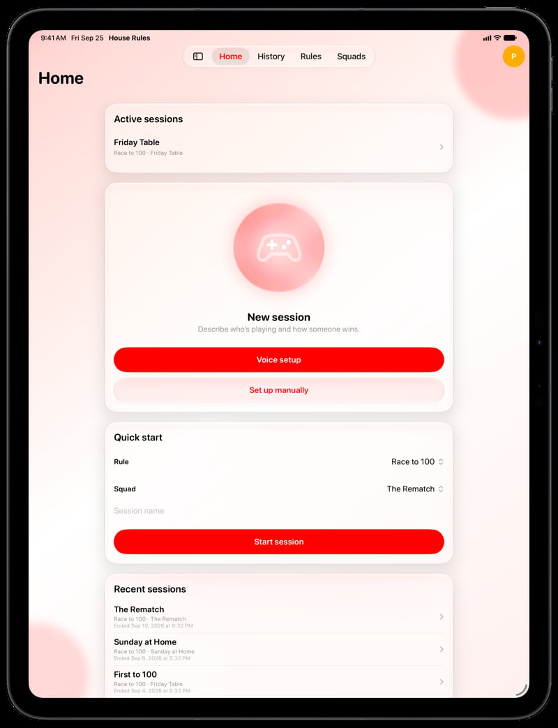 House Rules on iPad Pro 13-inch showing Home for the Friday Table session, in the Red tint, light appearance.