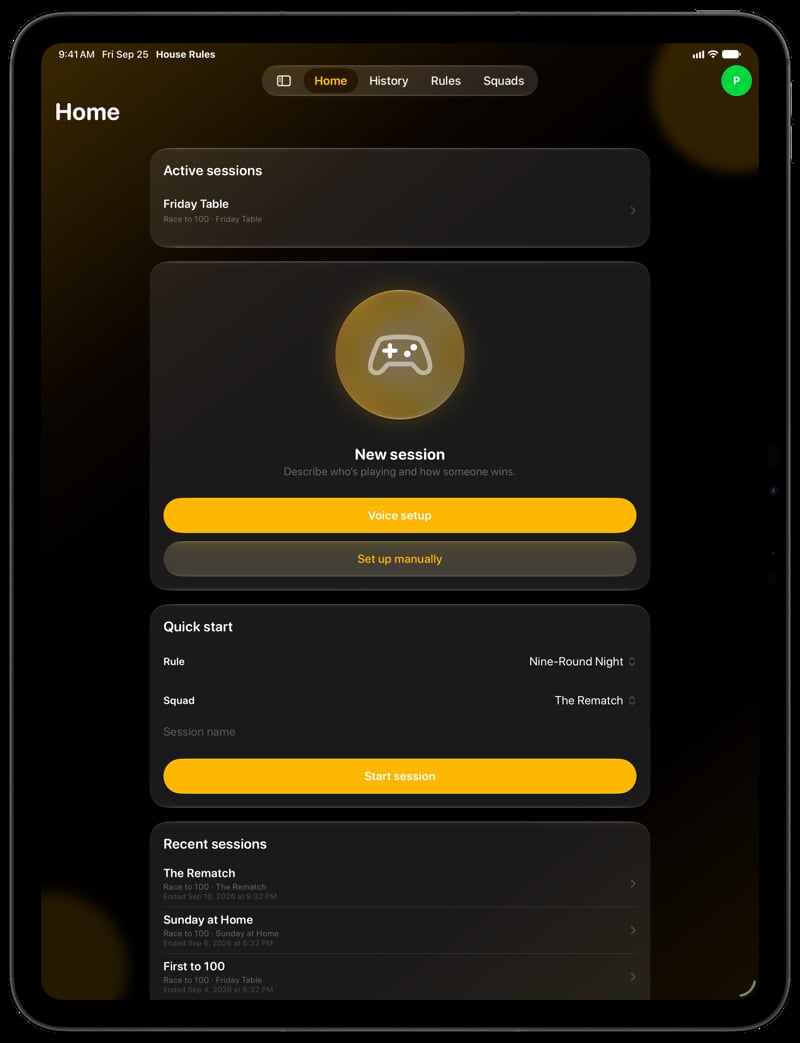 House Rules on iPad Pro 13-inch showing Home for the Friday Table session, in the Yellow tint, dark appearance.
