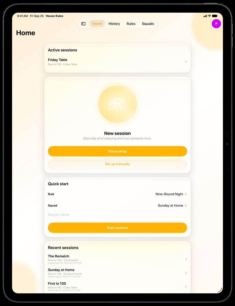 House Rules on iPad Pro 13-inch showing Home for the Friday Table session, in the Yellow tint, light appearance.