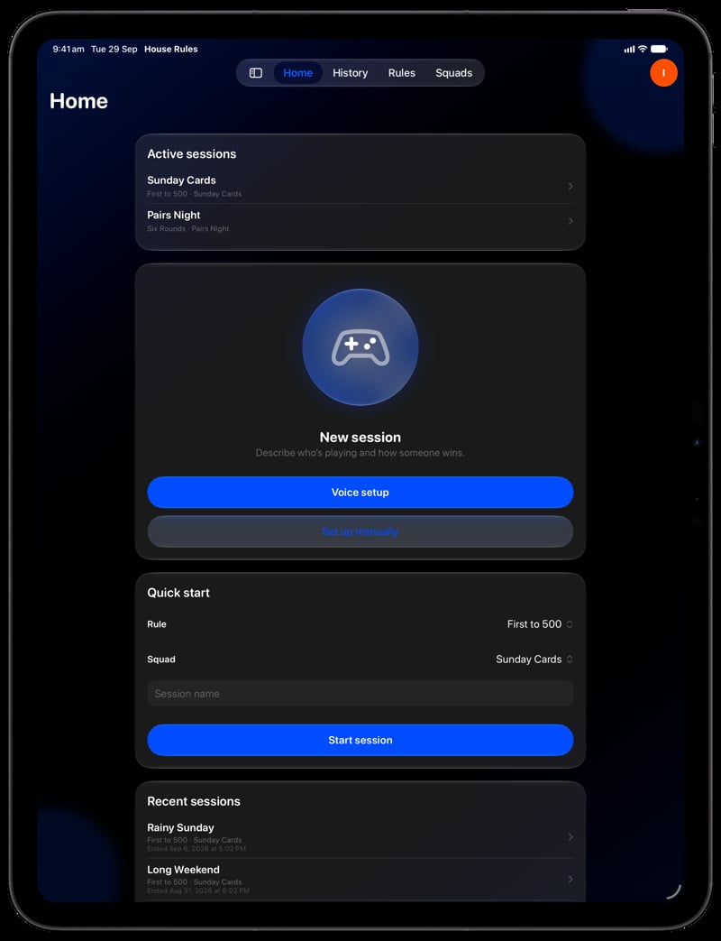 House Rules on iPad Pro 13-inch showing Home for the Sunday Cards session, in the Blue tint, dark appearance.