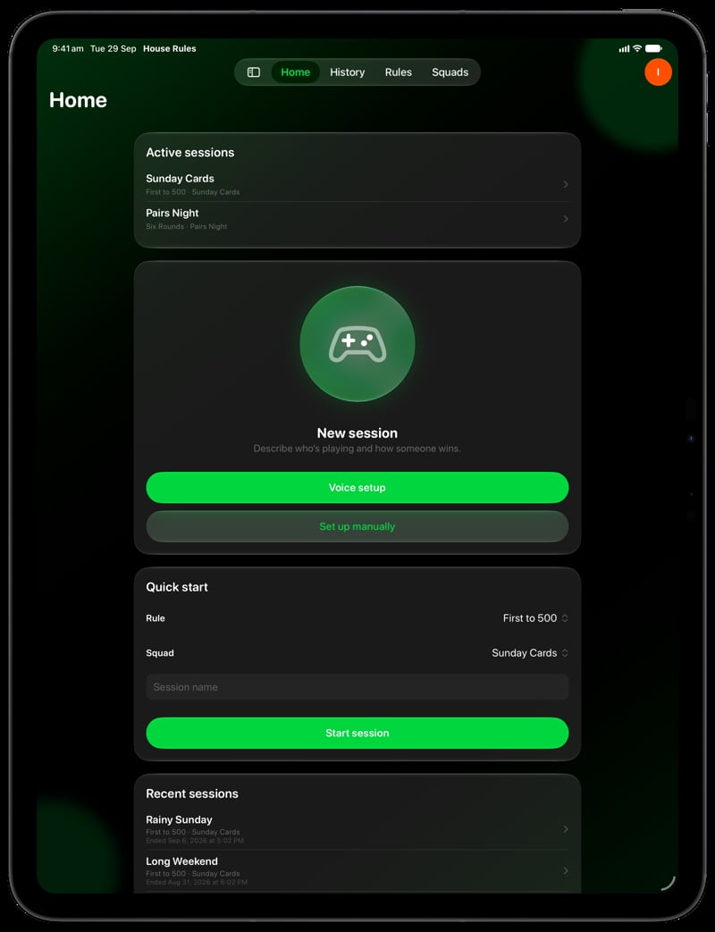 House Rules on iPad Pro 13-inch showing Home for the Sunday Cards session, in the Green tint, dark appearance.