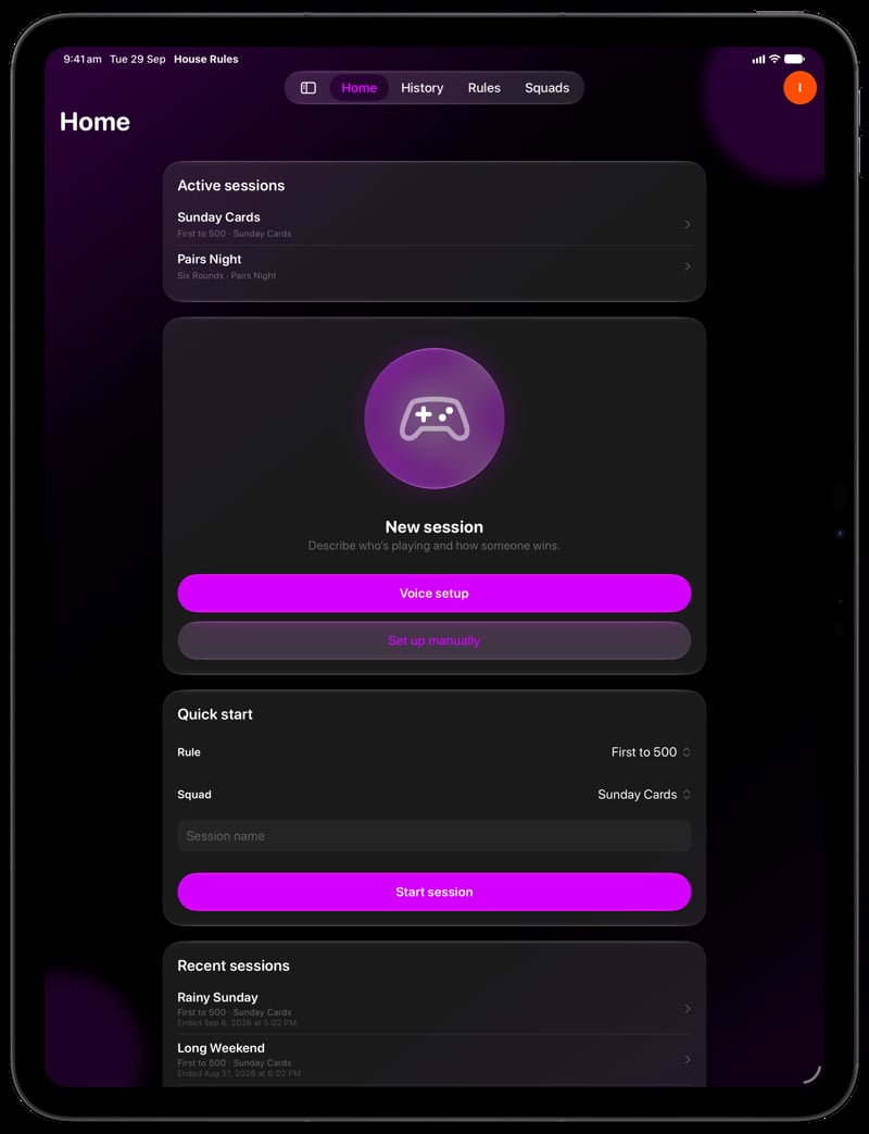 House Rules on iPad Pro 13-inch showing Home for the Sunday Cards session, in the Purple tint, dark appearance.
