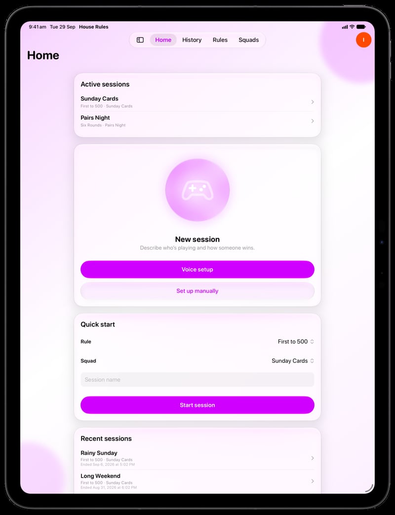 House Rules on iPad Pro 13-inch showing Home for the Sunday Cards session, in the Purple tint, light appearance.