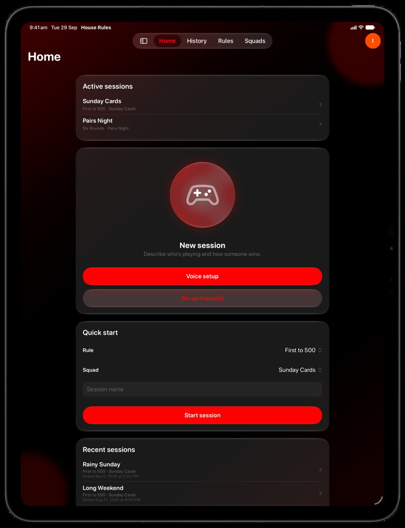 House Rules on iPad Pro 13-inch showing Home for the Sunday Cards session, in the Red tint, dark appearance.