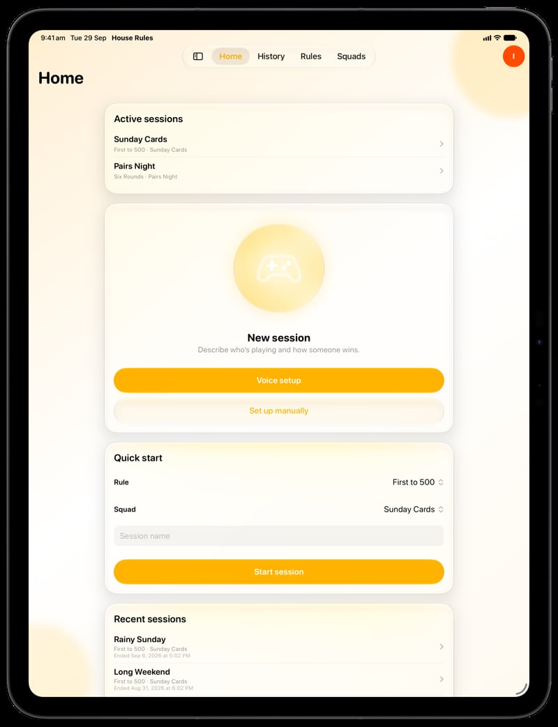 House Rules on iPad Pro 13-inch showing Home for the Sunday Cards session, in the Yellow tint, light appearance.