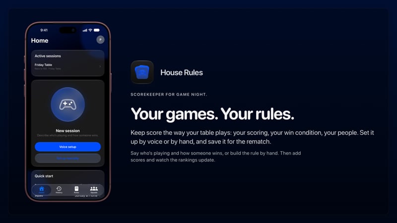 The House Rules share image, showing the app on iPhone 18 Pro Max with its icon, name and headline for the Friday Table session, in the Blue tint, dark appearance.