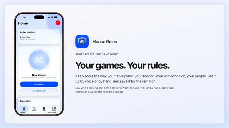 The House Rules share image, showing the app on iPhone 18 Pro Max with its icon, name and headline for the Friday Table session, in the Blue tint, light appearance.