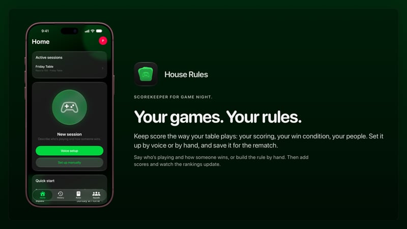 The House Rules share image, showing the app on iPhone 18 Pro Max with its icon, name and headline for the Friday Table session, in the Green tint, dark appearance.