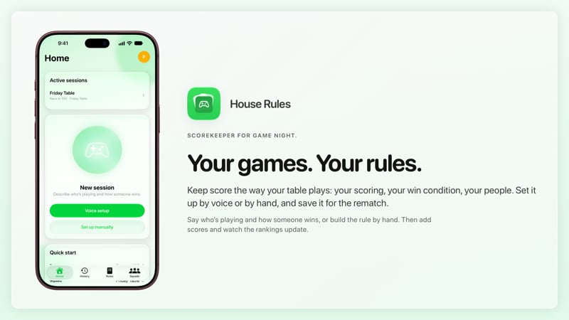 The House Rules share image, showing the app on iPhone 18 Pro Max with its icon, name and headline for the Friday Table session, in the Green tint, light appearance.
