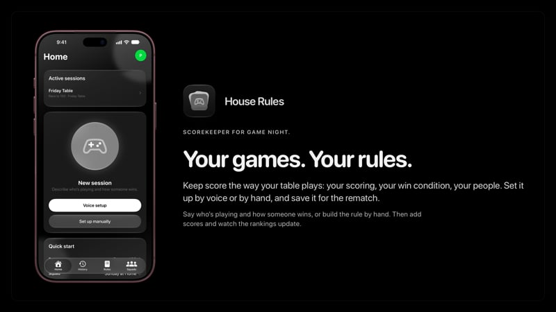 The House Rules share image, showing the app on iPhone 18 Pro Max with its icon, name and headline for the Friday Table session, in the Grey tint, dark appearance.