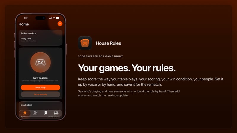 The House Rules share image, showing the app on iPhone 18 Pro Max with its icon, name and headline for the Friday Table session, in the Orange tint, dark appearance.