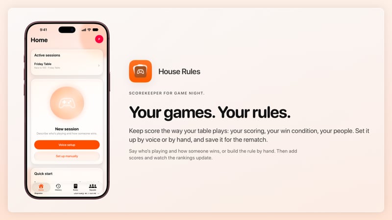 The House Rules share image, showing the app on iPhone 18 Pro Max with its icon, name and headline for the Friday Table session, in the Orange tint, light appearance.