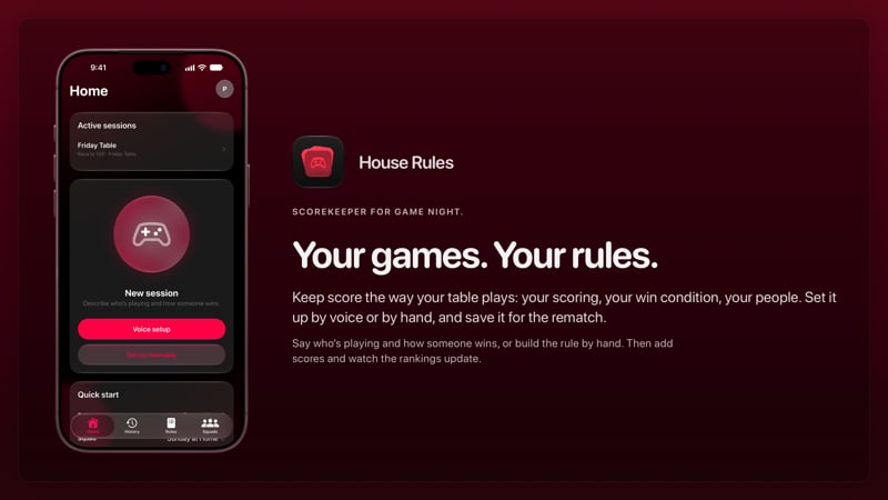The House Rules share image, showing the app on iPhone 18 Pro Max with its icon, name and headline for the Friday Table session, in the Pink tint, dark appearance.