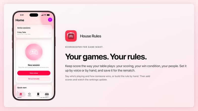The House Rules share image, showing the app on iPhone 18 Pro Max with its icon, name and headline for the Friday Table session, in the Pink tint, light appearance.