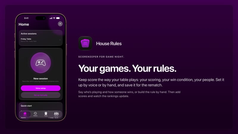 The House Rules share image, showing the app on iPhone 18 Pro Max with its icon, name and headline for the Friday Table session, in the Purple tint, dark appearance.