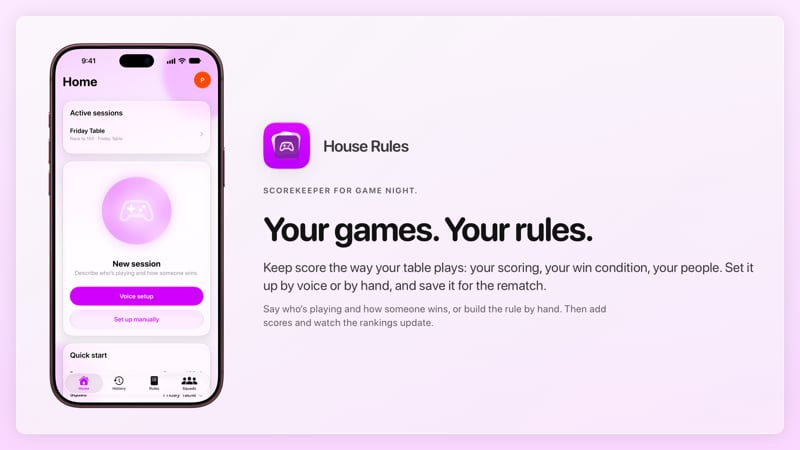 The House Rules share image, showing the app on iPhone 18 Pro Max with its icon, name and headline for the Friday Table session, in the Purple tint, light appearance.