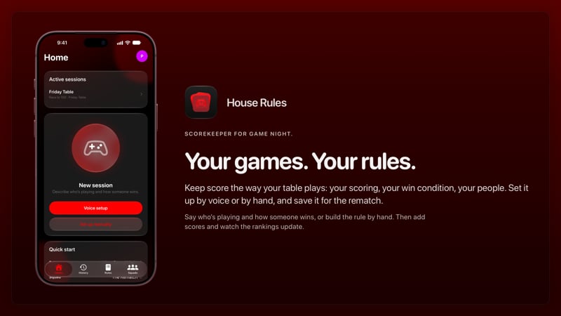 The House Rules share image, showing the app on iPhone 18 Pro Max with its icon, name and headline for the Friday Table session, in the Red tint, dark appearance.