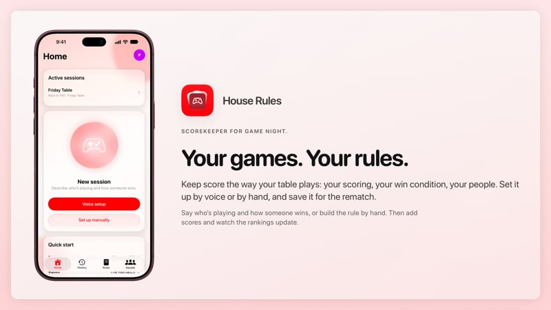 The House Rules share image, showing the app on iPhone 18 Pro Max with its icon, name and headline for the Friday Table session, in the Red tint, light appearance.