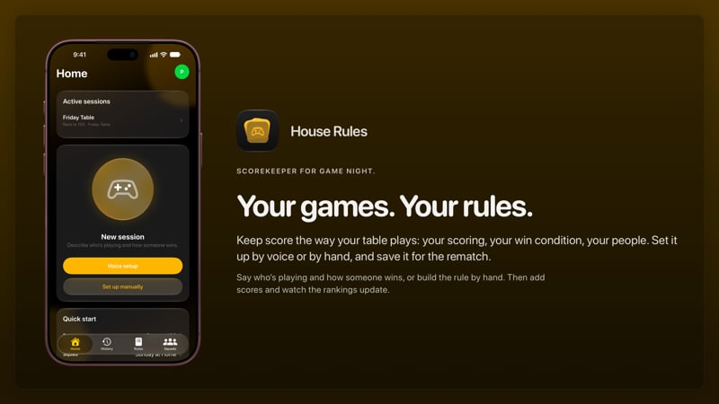 The House Rules share image, showing the app on iPhone 18 Pro Max with its icon, name and headline for the Friday Table session, in the Yellow tint, dark appearance.