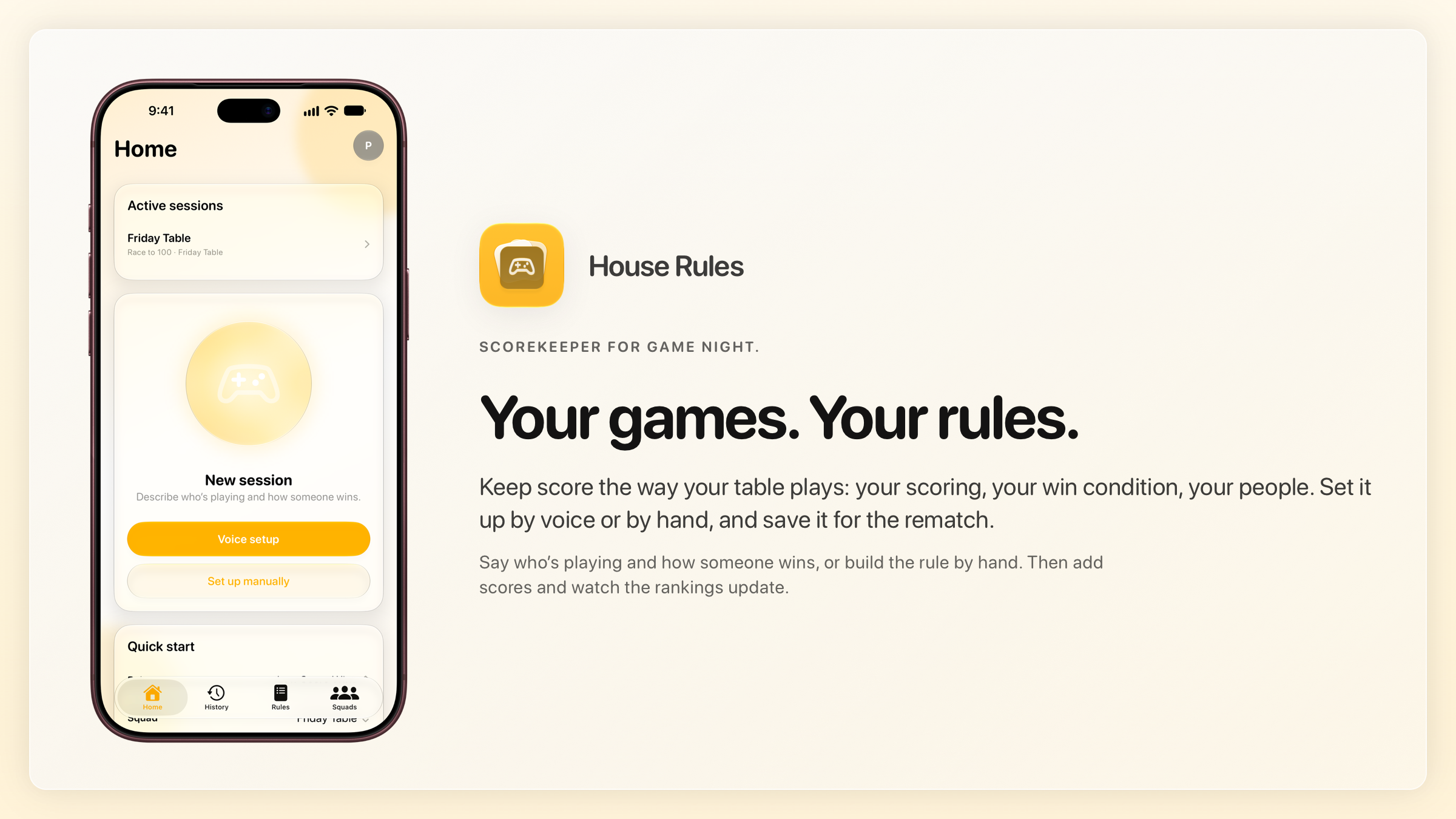 The House Rules share image, showing the app on iPhone 18 Pro Max with its icon, name and headline for the Friday Table session, in the Yellow tint, light appearance.