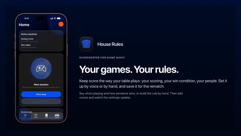 The House Rules share image, showing the app on iPhone 18 Pro Max with its icon, name and headline for the Sunday Cards session, in the Blue tint, dark appearance.