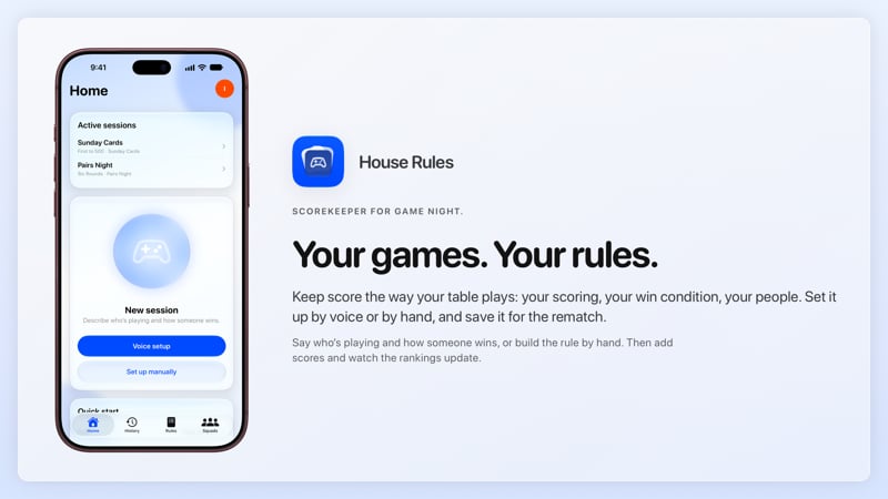The House Rules share image, showing the app on iPhone 18 Pro Max with its icon, name and headline for the Sunday Cards session, in the Blue tint, light appearance.