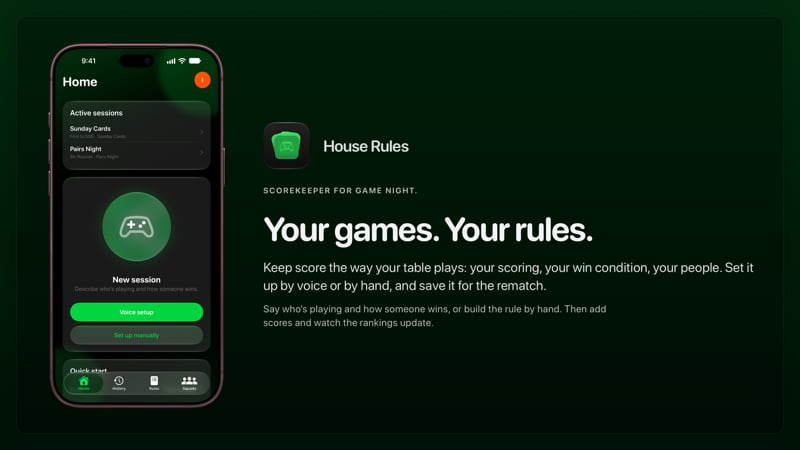 The House Rules share image, showing the app on iPhone 18 Pro Max with its icon, name and headline for the Sunday Cards session, in the Green tint, dark appearance.