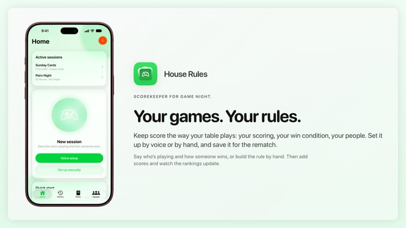 The House Rules share image, showing the app on iPhone 18 Pro Max with its icon, name and headline for the Sunday Cards session, in the Green tint, light appearance.