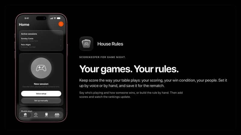The House Rules share image, showing the app on iPhone 18 Pro Max with its icon, name and headline for the Sunday Cards session, in the Grey tint, dark appearance.