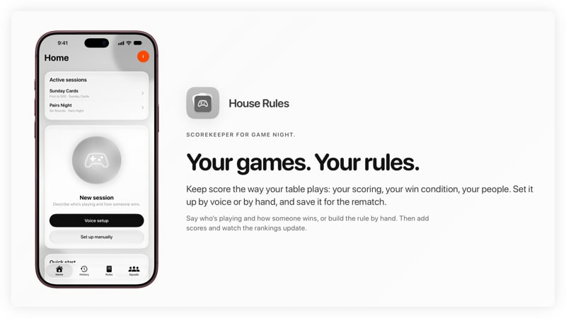 The House Rules share image, showing the app on iPhone 18 Pro Max with its icon, name and headline for the Sunday Cards session, in the Grey tint, light appearance.