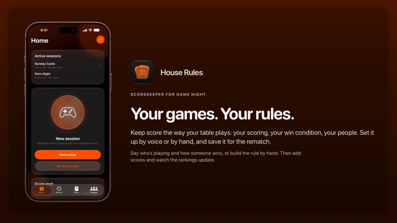 The House Rules share image, showing the app on iPhone 18 Pro Max with its icon, name and headline for the Sunday Cards session, in the Orange tint, dark appearance.