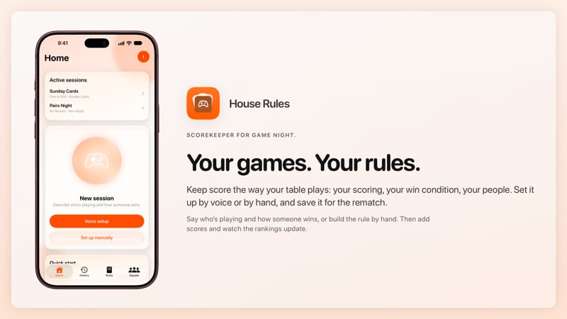 The House Rules share image, showing the app on iPhone 18 Pro Max with its icon, name and headline for the Sunday Cards session, in the Orange tint, light appearance.