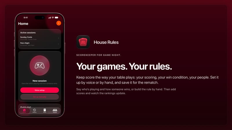 The House Rules share image, showing the app on iPhone 18 Pro Max with its icon, name and headline for the Sunday Cards session, in the Pink tint, dark appearance.