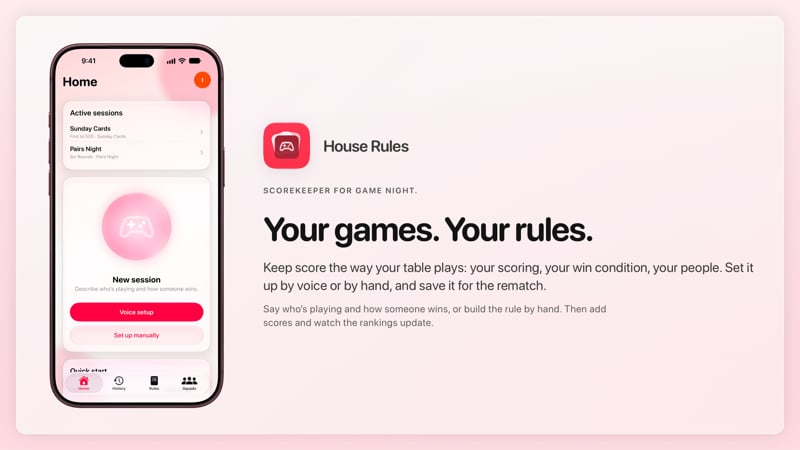 The House Rules share image, showing the app on iPhone 18 Pro Max with its icon, name and headline for the Sunday Cards session, in the Pink tint, light appearance.