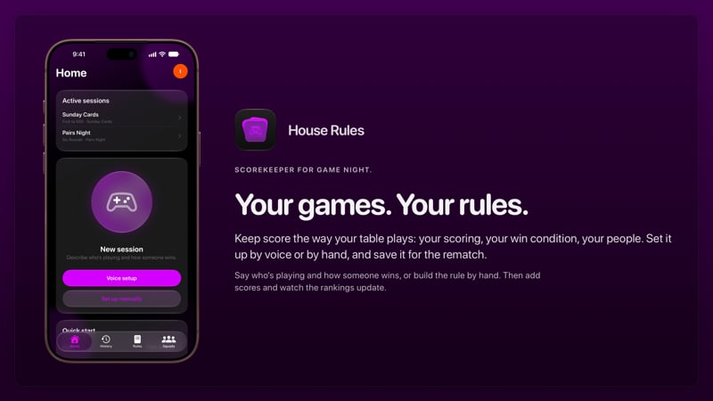 The House Rules share image, showing the app on iPhone 18 Pro Max with its icon, name and headline for the Sunday Cards session, in the Purple tint, dark appearance.