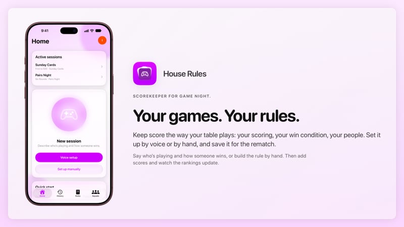 The House Rules share image, showing the app on iPhone 18 Pro Max with its icon, name and headline for the Sunday Cards session, in the Purple tint, light appearance.
