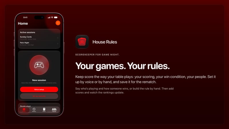 The House Rules share image, showing the app on iPhone 18 Pro Max with its icon, name and headline for the Sunday Cards session, in the Red tint, dark appearance.