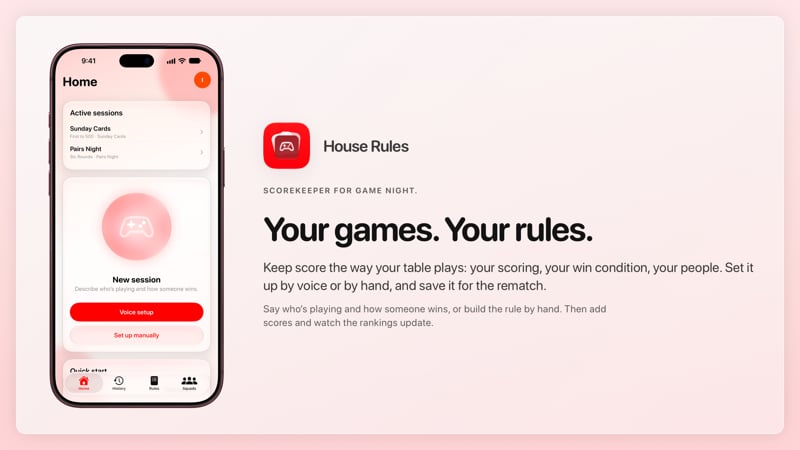 The House Rules share image, showing the app on iPhone 18 Pro Max with its icon, name and headline for the Sunday Cards session, in the Red tint, light appearance.