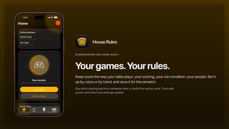 The House Rules share image, showing the app on iPhone 18 Pro Max with its icon, name and headline for the Sunday Cards session, in the Yellow tint, dark appearance.