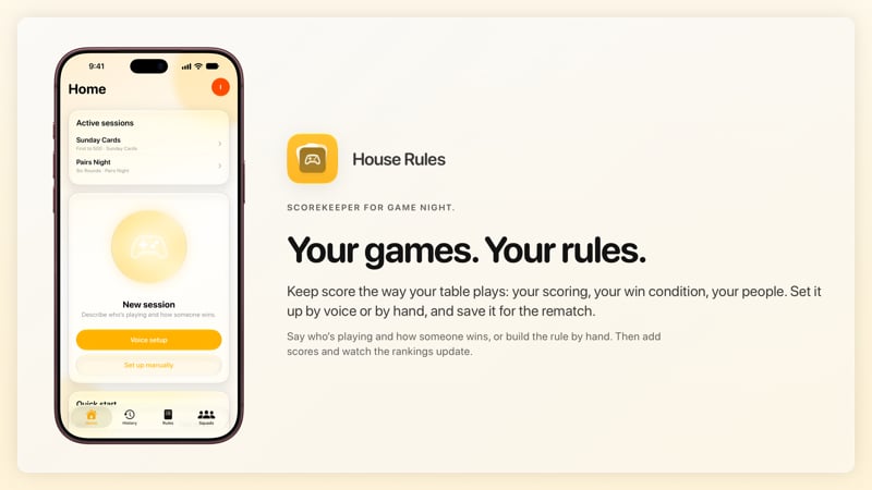 The House Rules share image, showing the app on iPhone 18 Pro Max with its icon, name and headline for the Sunday Cards session, in the Yellow tint, light appearance.