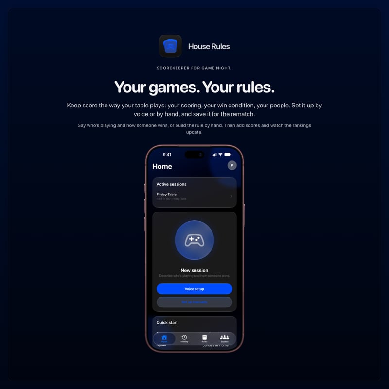 The House Rules share image, showing the app on iPhone 18 Pro Max with its icon, name and headline for the Friday Table session, in the Blue tint, dark appearance.