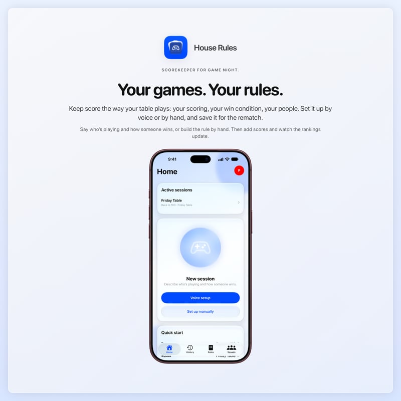 The House Rules share image, showing the app on iPhone 18 Pro Max with its icon, name and headline for the Friday Table session, in the Blue tint, light appearance.