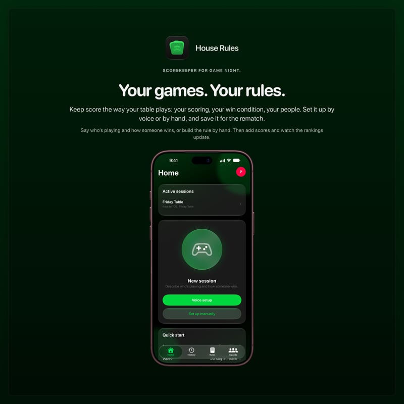 The House Rules share image, showing the app on iPhone 18 Pro Max with its icon, name and headline for the Friday Table session, in the Green tint, dark appearance.