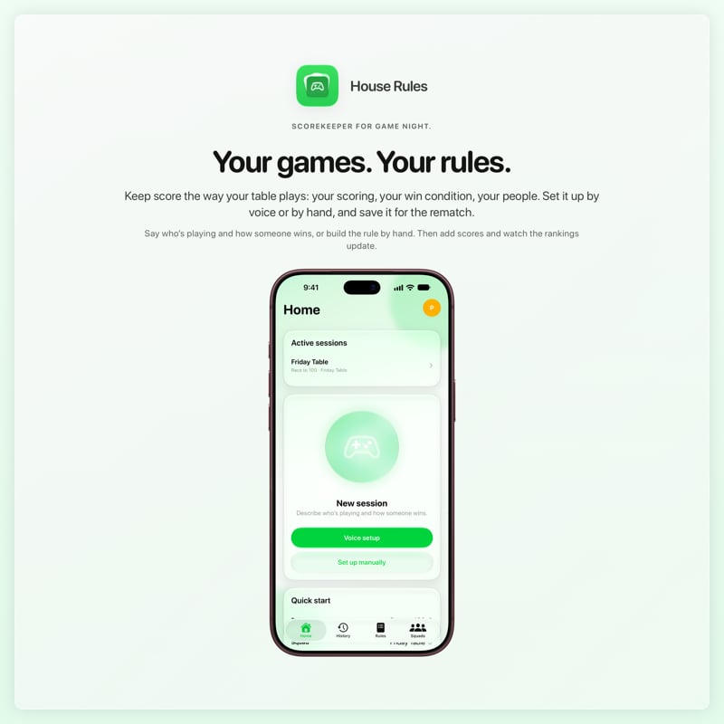 The House Rules share image, showing the app on iPhone 18 Pro Max with its icon, name and headline for the Friday Table session, in the Green tint, light appearance.