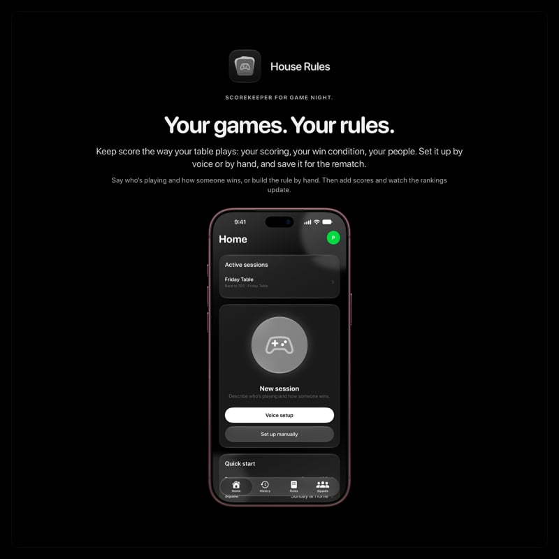 The House Rules share image, showing the app on iPhone 18 Pro Max with its icon, name and headline for the Friday Table session, in the Grey tint, dark appearance.